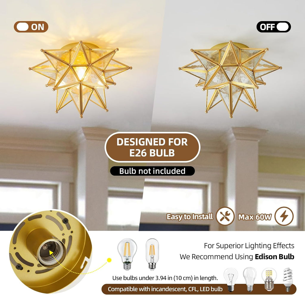 Gold Moravian Star Ceiling Light - 12.7 Inch Brass Vintage Flush Mount Lighting Fixtures with E26 Base - Art Deco Modern Moroccan Glass Fixture Lights for Hallway Kitchen Farmhouse Bedroom Entryway