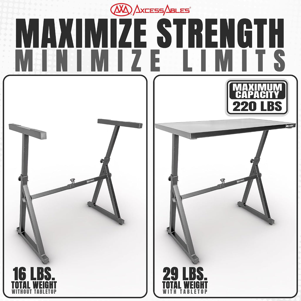 AxcessAbles Adjustable Piano Keyboard Stand and DJ Controller Desk – Removable 36'x19.4' Steel Tabletop, Height Adjustable Music Workstation for Mixers, Synths, Recording, and Live Performance