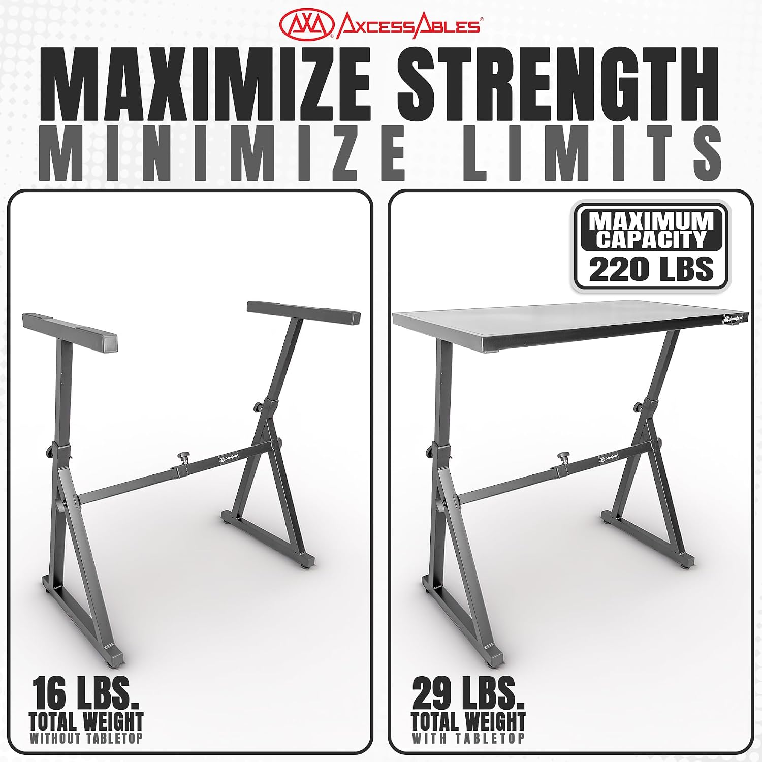 AxcessAbles Adjustable Piano Keyboard Stand and DJ Controller Desk – Removable 36'x19.4' Steel Tabletop, Height Adjustable Music Workstation for Mixers, Synths, Recording, and Live Performance