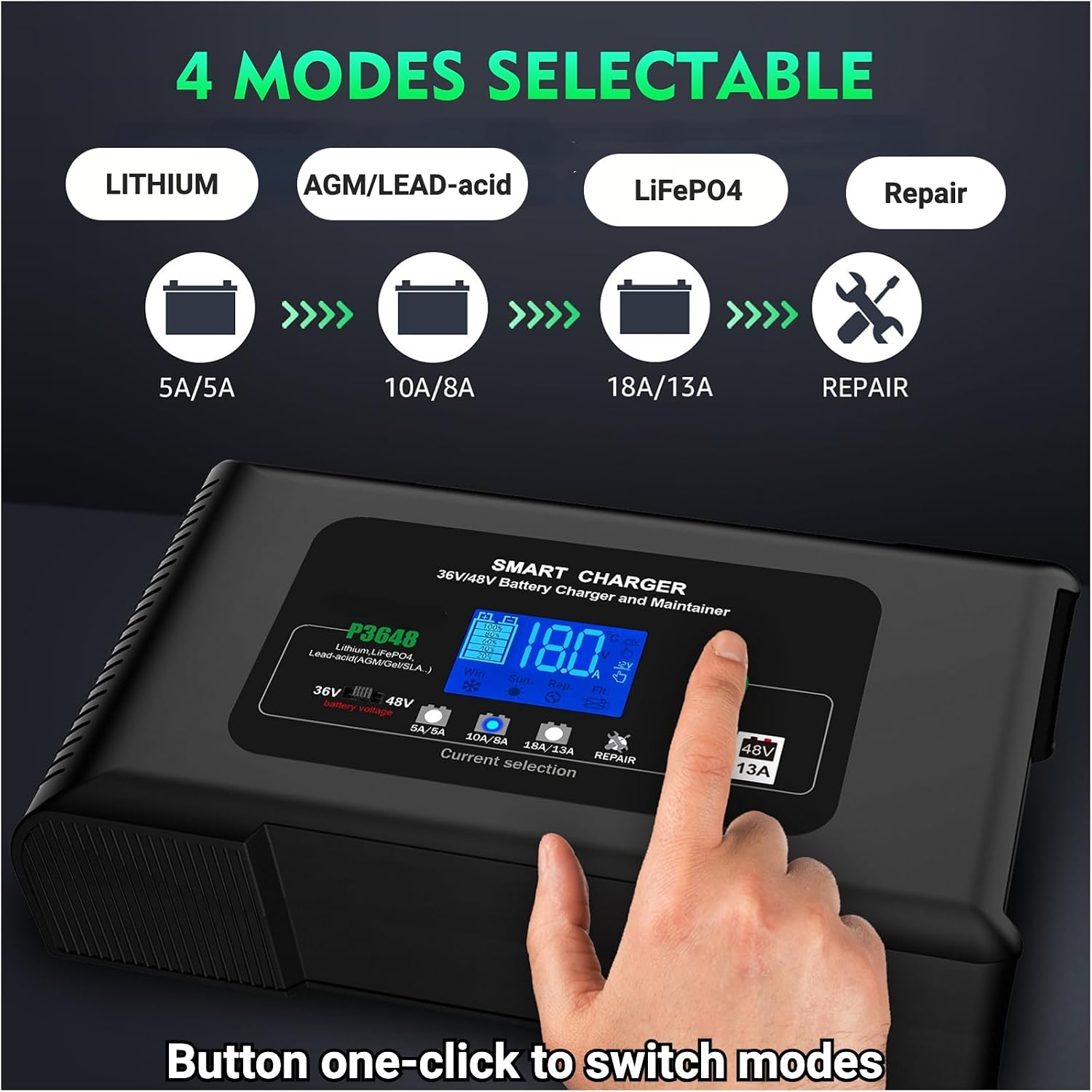 Smart 36V/48V 18A Battery Charger & Maintainer – 4-Mode LiFePO4/AGM/Lead-Acid Battery Charger with Pulse Repair, Auto Temp Control for Car, Golf Cart, Marine, Truck, Lawn Mower