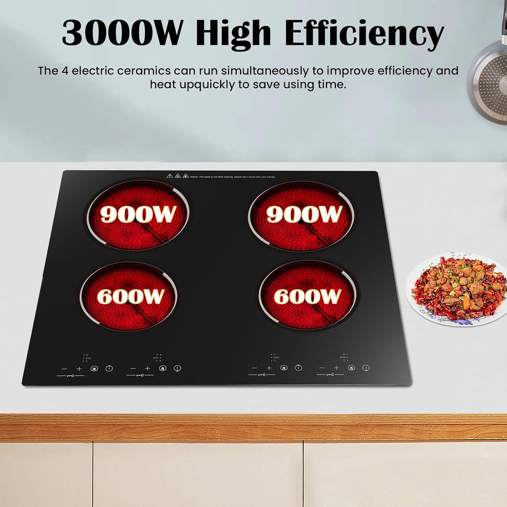 4 Burner Electric Cooktop 110v, 24 Inch Electric Stove Countertop & Built-in, Cooktop with 9 Power Levels, Sensor Touch Control, Safety Lock, Timer, 3000W, No Plug (4 Burners)