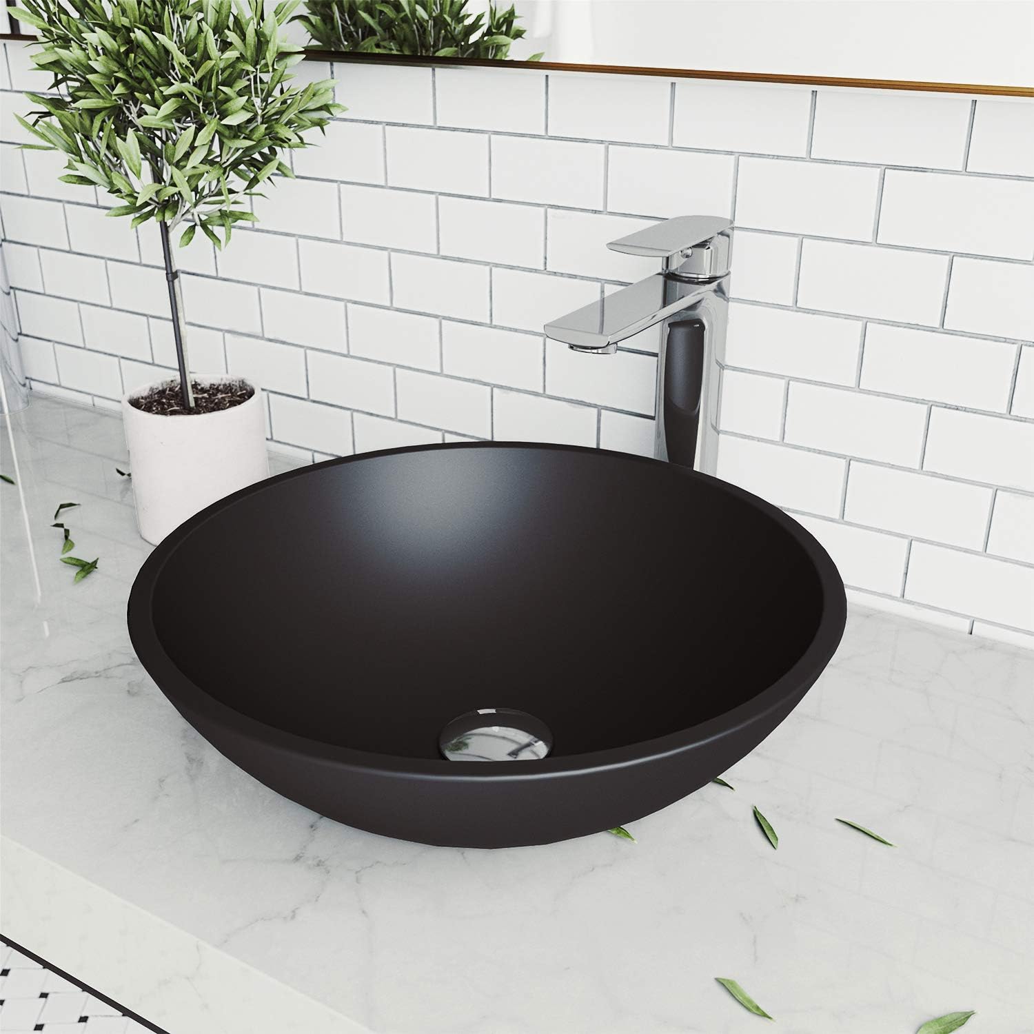 Vigo Vessel Sink Matte Black - 17' Artistic Round Bowl Sink for Bathrooms, Tempered Glass Above Counter Bathroom Sink with NonStickShield, QuickDrain & TempGuard, Modern Luxury Design