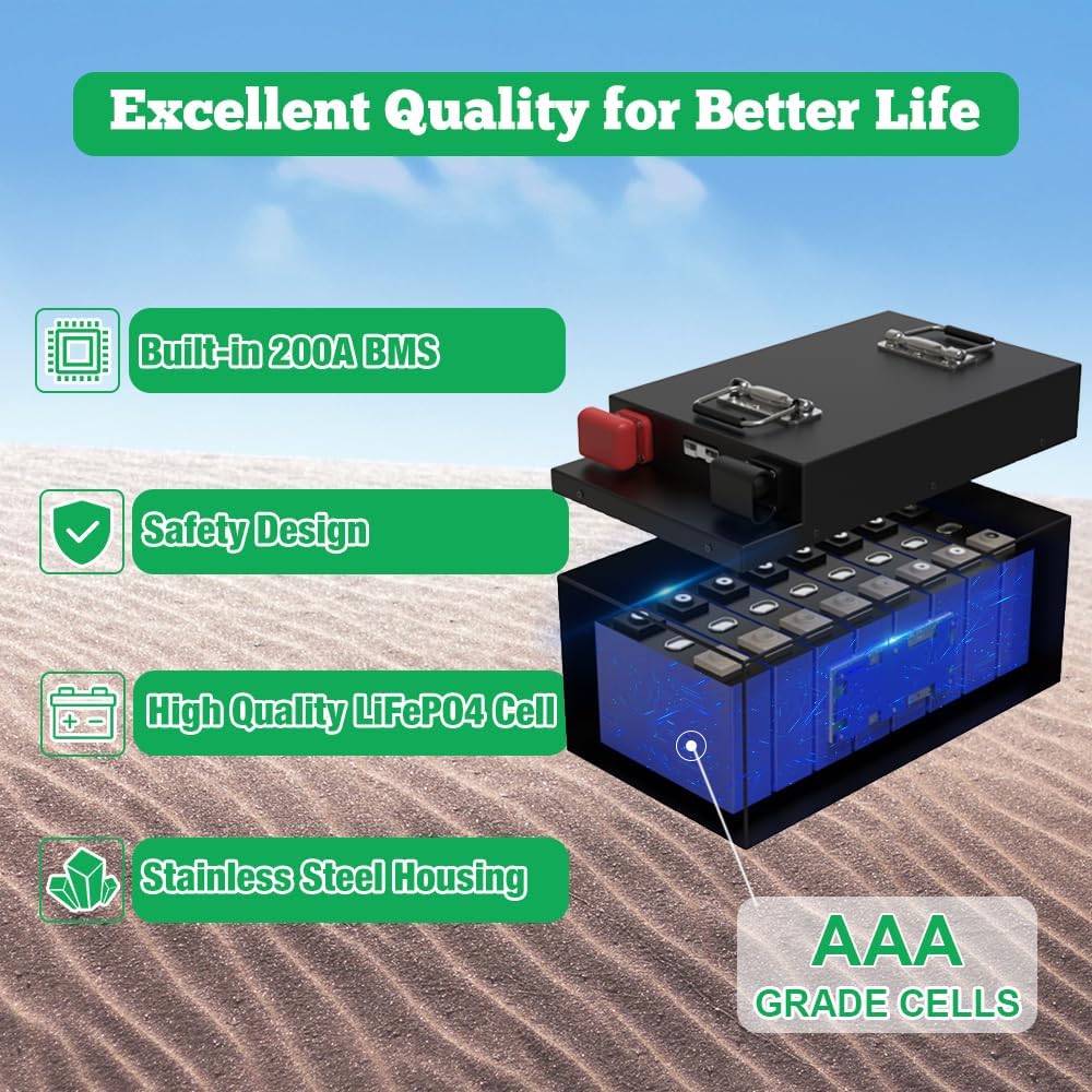 48V 120Ah Lithium Battery with 58.4V 18A LiFePO4 Battery Charger, for Home Energy Storage, Solar Back-up Power, Golf Cart, Lawn Mower, RV, Marine, and Off-Grid Application