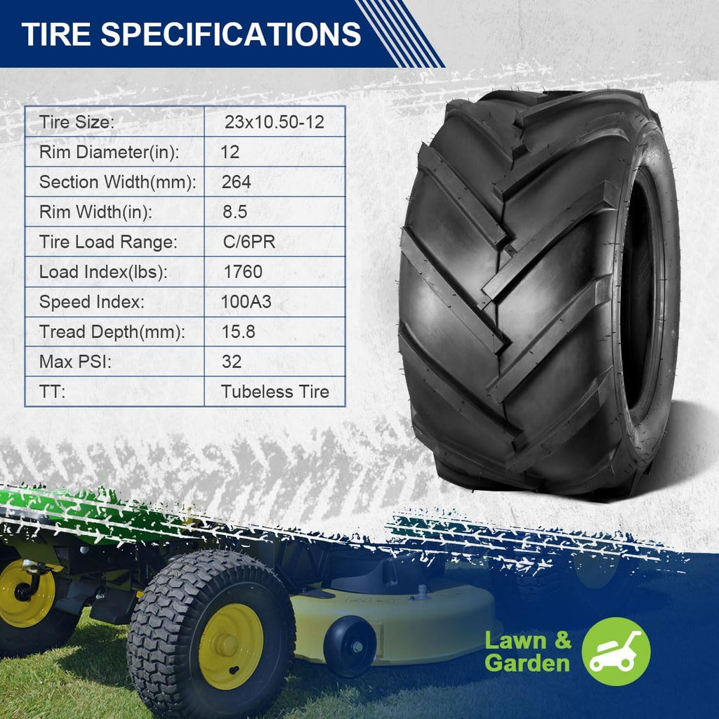 MaxAuto 23x10.50x12 Super Lug Riding Lawn Mower Tires, 23x10.50-12 Lug Ag Tire for Garden Farm Riding Mower, 23-10.5-12 Ag Farm Tractor Turf Tire, 6Ply Tubeless, 1760 lbs Capacity, Set of 2
