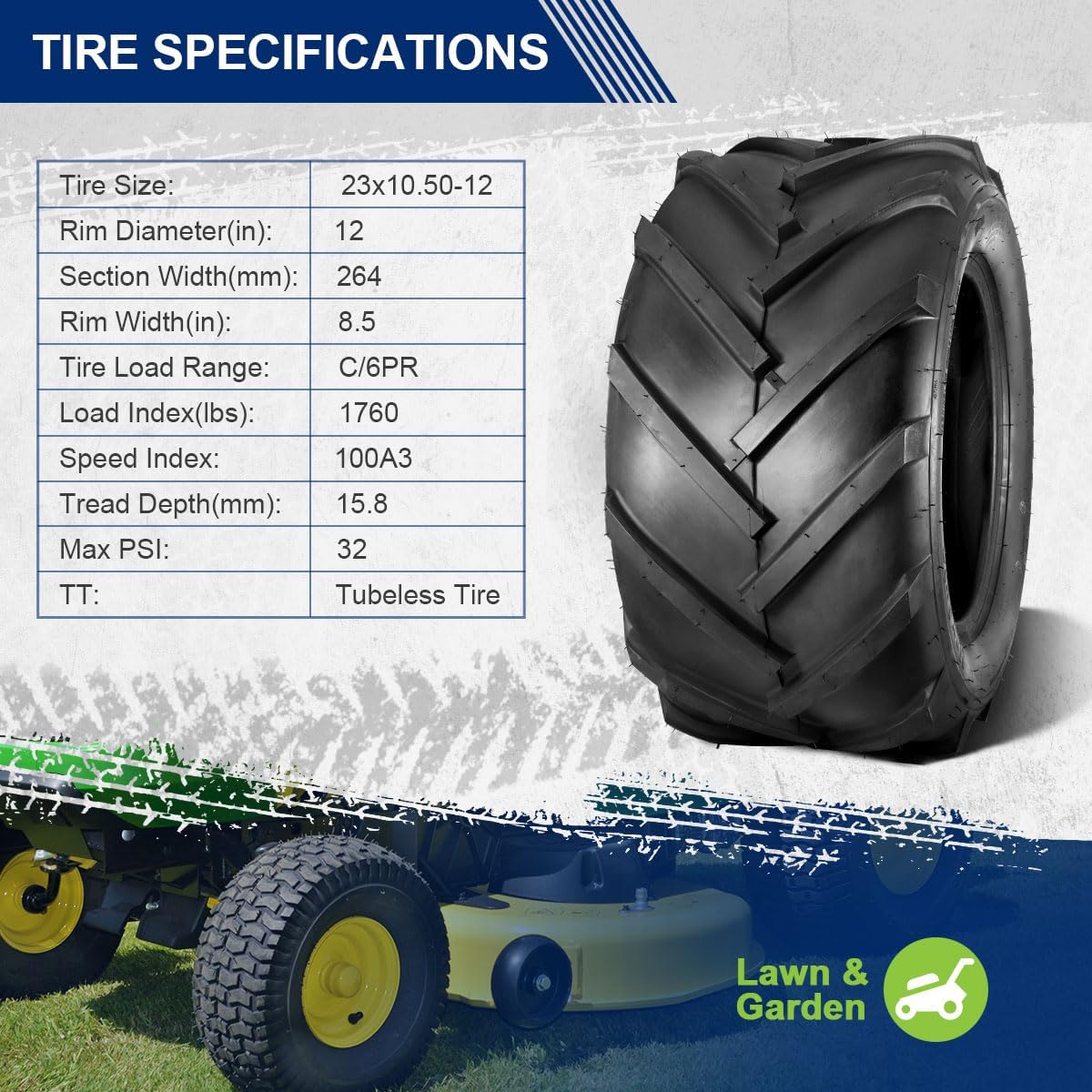 MaxAuto 23x10.50x12 Super Lug Riding Lawn Mower Tires, 23x10.50-12 Lug Ag Tire for Garden Farm Riding Mower, 23-10.5-12 Ag Farm Tractor Turf Tire, 6Ply Tubeless, 1760 lbs Capacity, Set of 2