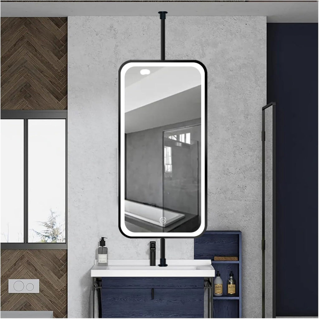 Ceiling Hanging Rod Mirror,Illuminated Bathroom Vanity Mirror,Wrought Iron Frame Rectangular Decorative Mirror,Easy to Install,Black-50x80cm,Black-50x80cm