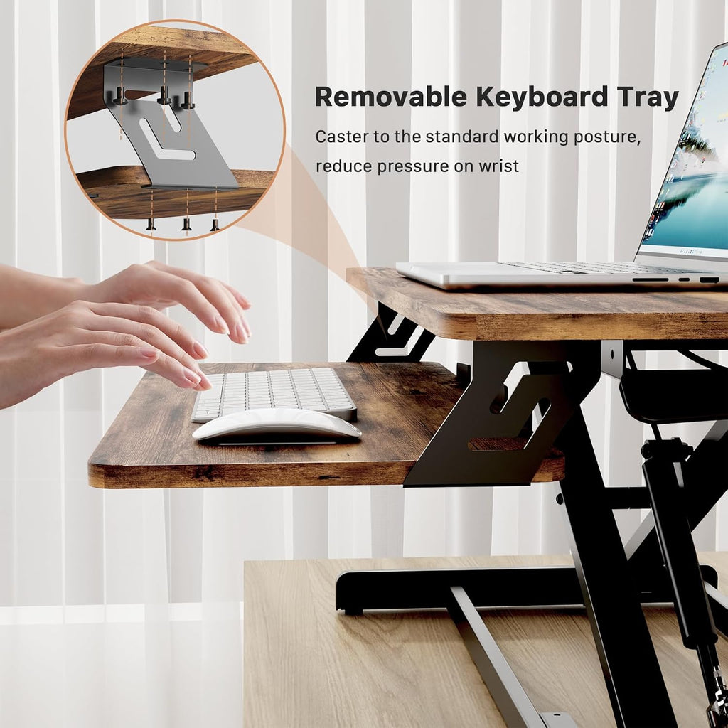 JOY worker Standing Desk Converter, 32' Wide Height Adjustable Sit Stand Up Desk Riser with Keyboard Tray, Desktop Workstation Riser for Home Office Computer Laptop, Particle Board, Rustic
