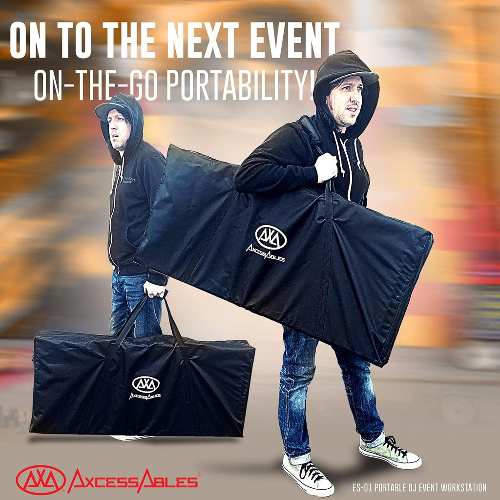 AxcessAbles Portable DJ Facade Booth with Black and White Lighting Scrims, Carry Cases | Standing DJ Table - 40' x 20' | DJ Controller Stand | Recording Mixer Stand | DJ Booth (ES-01)