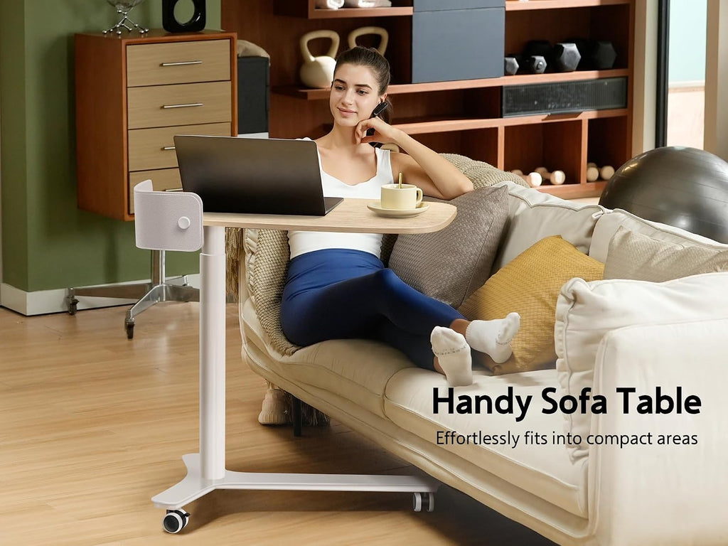WALKINGDESK Rolling Desk Adjustable Height with Drawer and Wheels, Portable Small Standing Desk Pneumatic for Home Office, Mobile Computer Laptop Desk Cart, Medical Sofa Overbed Table, Oak