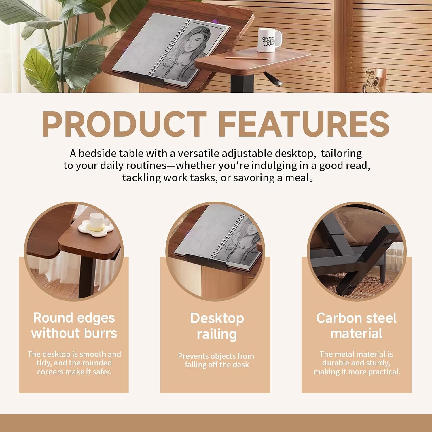 Upgraded Overbed Bedside Desk with Hidden Wheels, Height Adjustable Rolling Laptop Stand with Extended Front Stopper, Tilting Over Bed Table for Bed Sofa, Walnut