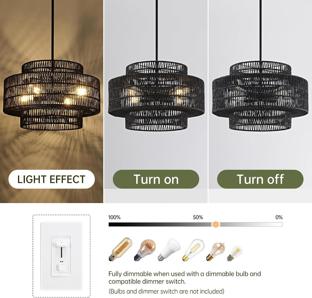 4-Light Black Boho Rattan Chandelier Light Fixture, 17.7' Hand Woven Rustic Chandeliers Farmhouse Chandelier Hanging Light for Dining Room Kitchen Island, Living Room, Foyer