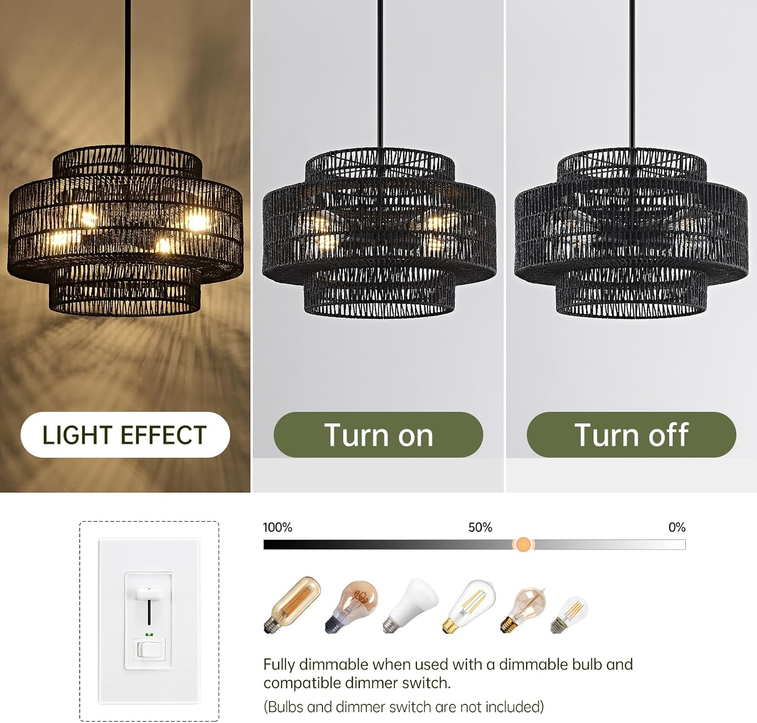 4-Light Black Boho Rattan Chandelier Light Fixture, 17.7' Hand Woven Rustic Chandeliers Farmhouse Chandelier Hanging Light for Dining Room Kitchen Island, Living Room, Foyer