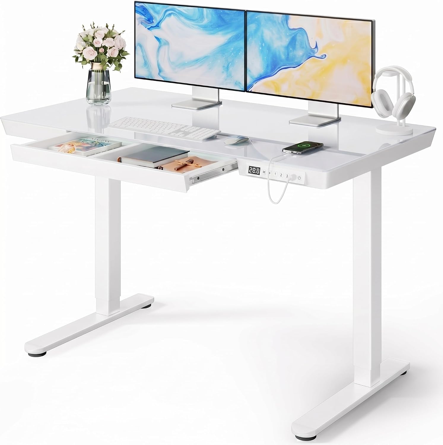 Marsail Glass Standing Desk with Drawer, 47.24 inch Electric Standing Desk, Height Adjustable Desk with One-Piece Tabletop & USB Charging Ports, Sit Stand Desk with Storage for Home & Office White