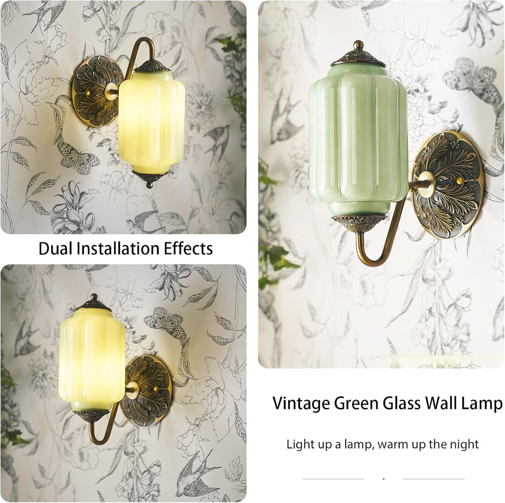 2-Pack Antique Gold Milk Glass Wall Sconce - Vintage Green Shade & Brass Finish Base - Indoor Wall Lighting Fixture for Living Room, Bedroom, Bathroom, Hallway, Entryway (2 Pack/Green)