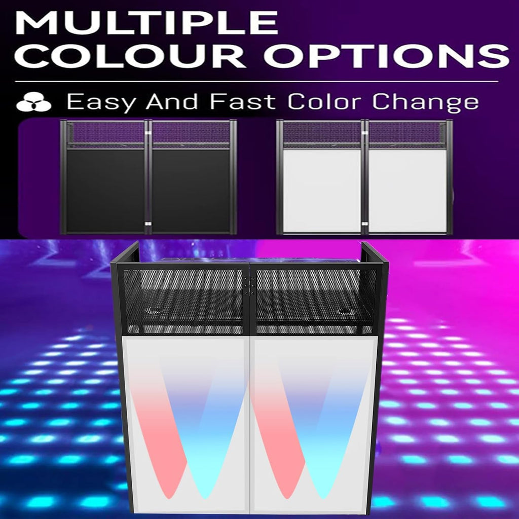 Portable DJ Facade Booth,52'L x 48'H x 26'W DJ Table Facade With White & Black Scrim,Foldable Metal Frame DJ Table Stand Station With Adjustable Feet for Party