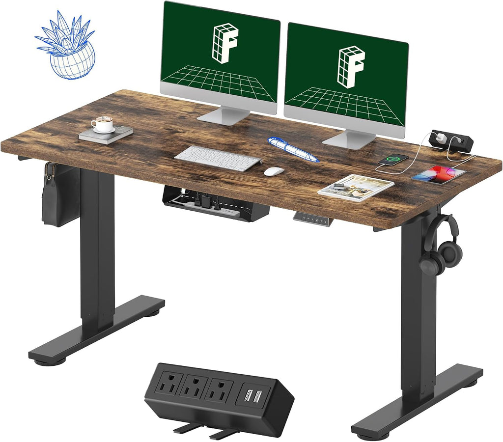 FLEXISPOT EN2 Whole-Piece Standing Desk with Clamp Power Strip, 55 x 28 Electric Stand Up Height Adjustable Desk with Cable Management (Black Frame + 55' Rustic Brown Desktop, 2 Packages)
