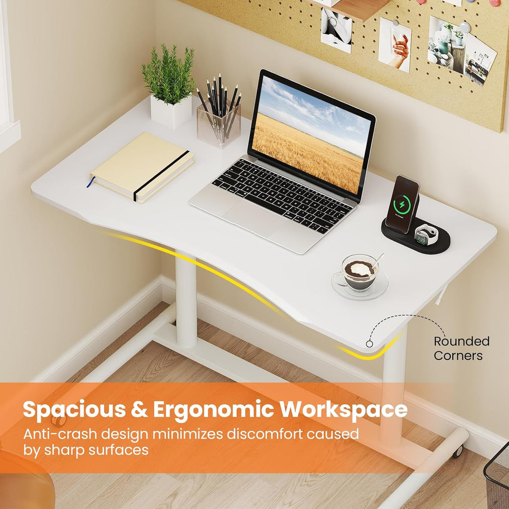 Tangkula Mobile Standing Desk, C-Shaped Sit Stand Desk with Adjustable Height, Lockable Wheels & Metal Frame, Rolling Laptop Desk, Portable Computer Workstation for Small Space
