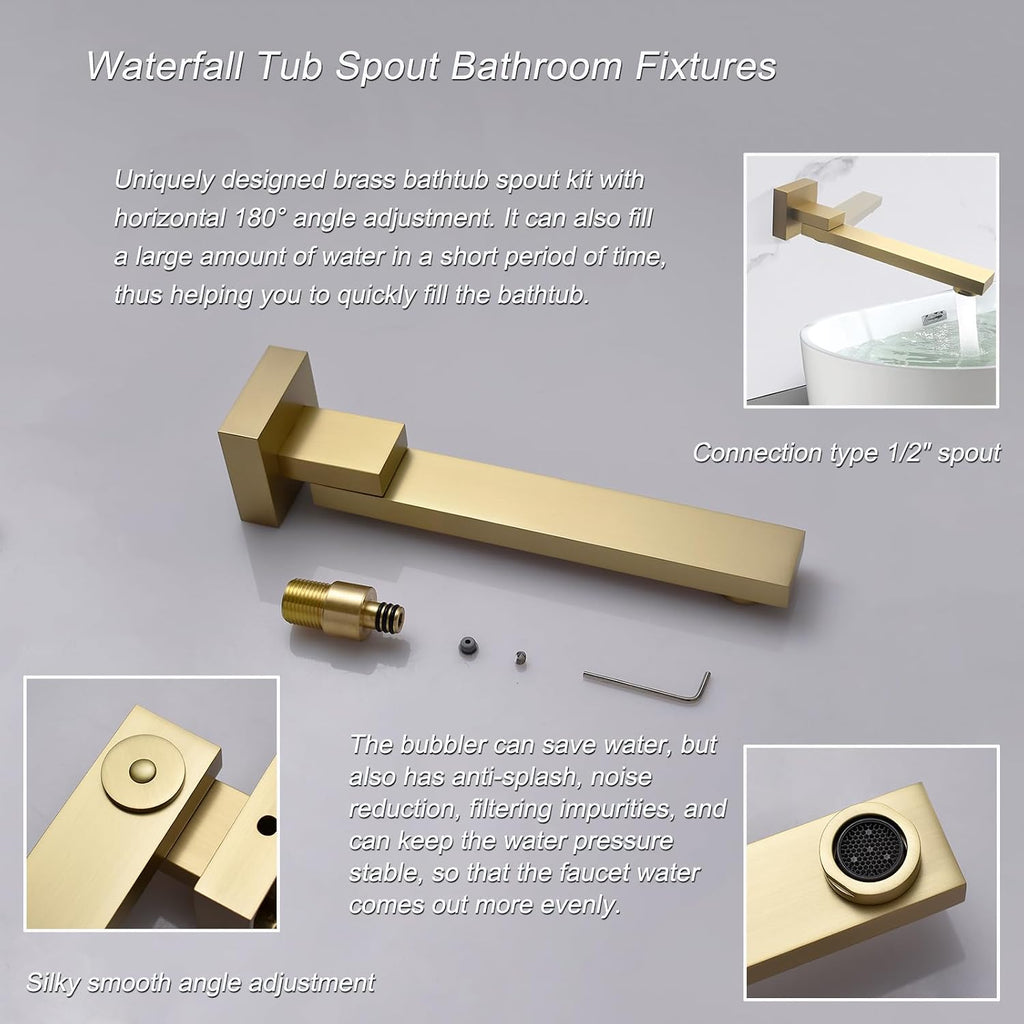 4 Way Thermostatic Shower Diverter System with 12 inch Shower Head and Tub Spout, Brushed Gold Bathtub Shower Faucet Set with 6 Body Jet and Handheld Spray