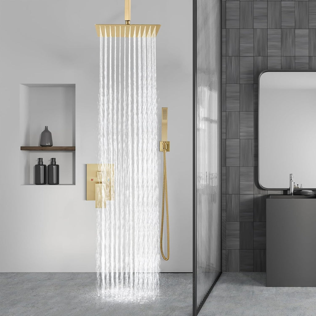 Aolemi Ceiling Mount Shower System Rain Shower Head with Handheld Spray High Pressure Shower Faucet Set Rough-in Valve Shower Trim Kit Included Bathroom Brused Gold 12 Inch Ceiling Shower Head