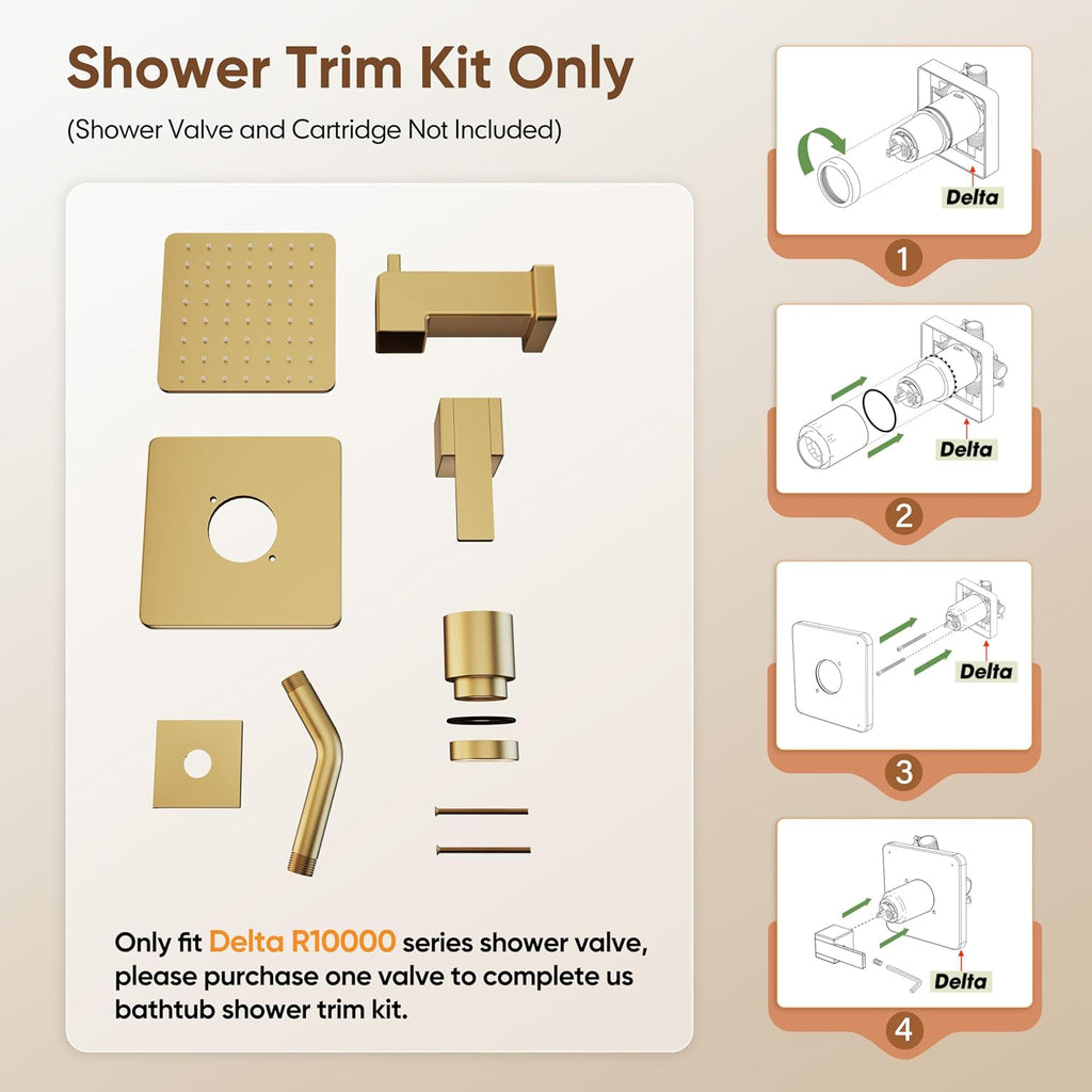 Replacement for Delta Shower Trim Kit 14 Series, All Metal Tub Shower Faucet Set, 6-Inch Gold Shower Head and Handle Set(Valve/Cartridge Not Included)