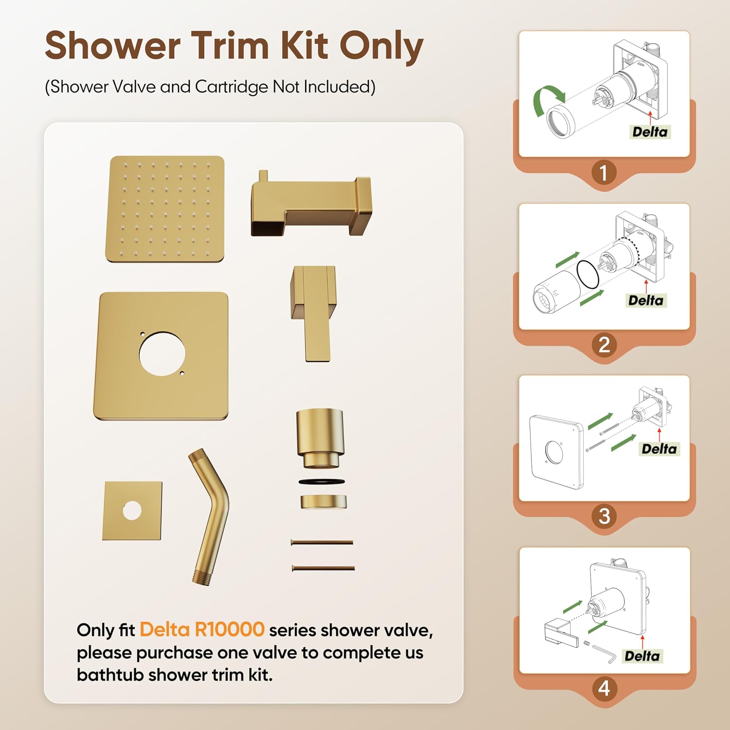 Replacement for Delta Shower Trim Kit 14 Series, All Metal Tub Shower Faucet Set, 6-Inch Gold Shower Head and Handle Set(Valve/Cartridge Not Included)