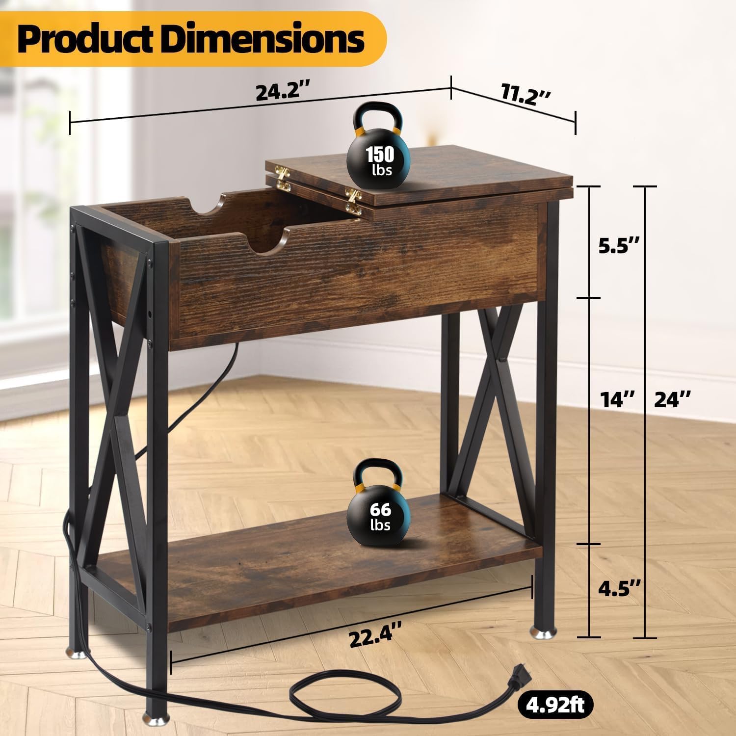 TooCust End Tables Living Room Set of 2, Narrow Side Table with Charging Station, 12' D x 24' W x 24' H, Flip Top End Table with USB Ports and Outlets, Couch End Tables Set of 2, Steel X-Shaped Frame