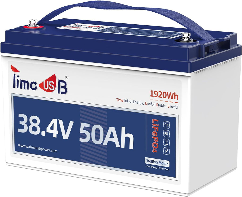 Timeusb 36V 50Ah Trolling Motor Lithium LiFePO4 Battery with Low Temp Protection, 1.2C Discharge 60A Current, 15000+ Deep Cycle Group31 Lithium Iron Phosphate Batteries for RV, Boat, Marine, Solar