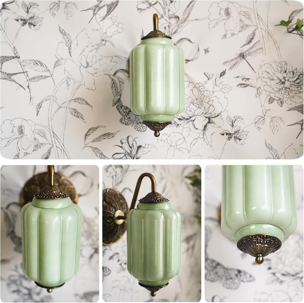 2-Pack Antique Gold Milk Glass Wall Sconce - Vintage Green Shade & Brass Finish Base - Indoor Wall Lighting Fixture for Living Room, Bedroom, Bathroom, Hallway, Entryway (2 Pack/Green)