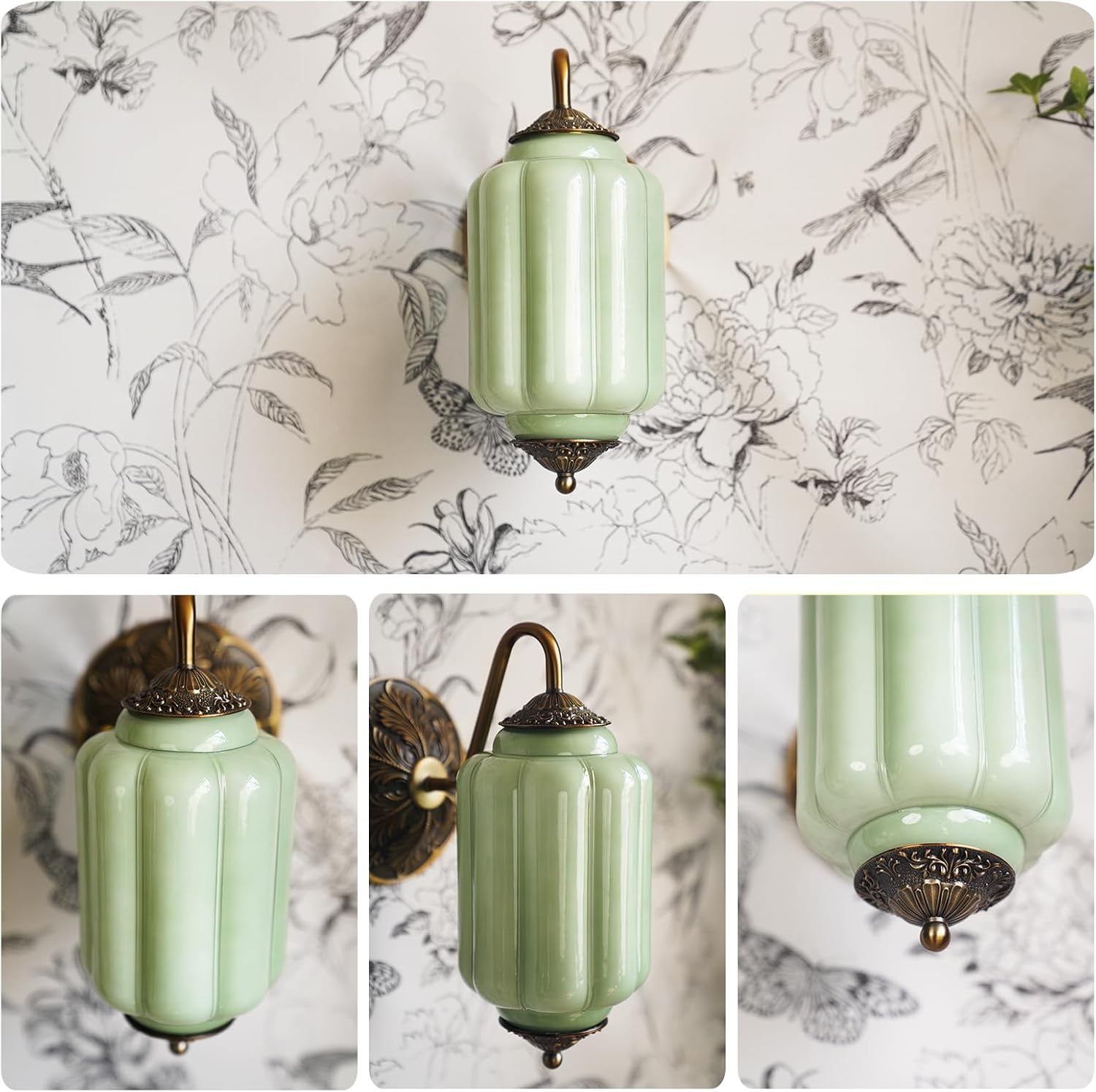 2-Pack Antique Gold Milk Glass Wall Sconce - Vintage Green Shade & Brass Finish Base - Indoor Wall Lighting Fixture for Living Room, Bedroom, Bathroom, Hallway, Entryway (2 Pack/Green)