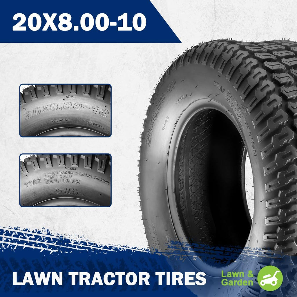 MaxAuto 2 Pcs 20x8-10 Turf Saver Tire, 20x8.00x10 Lawn& Garden Tire - LRB/4ply Tubeless