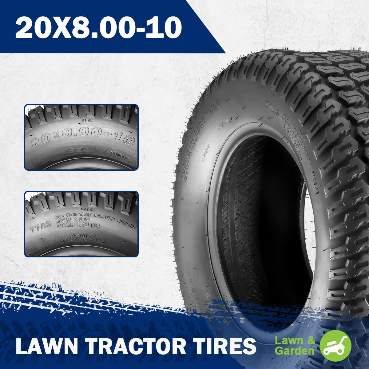 MaxAuto 2 Pcs 20x8-10 Turf Saver Tire, 20x8.00x10 Lawn& Garden Tire - LRB/4ply Tubeless