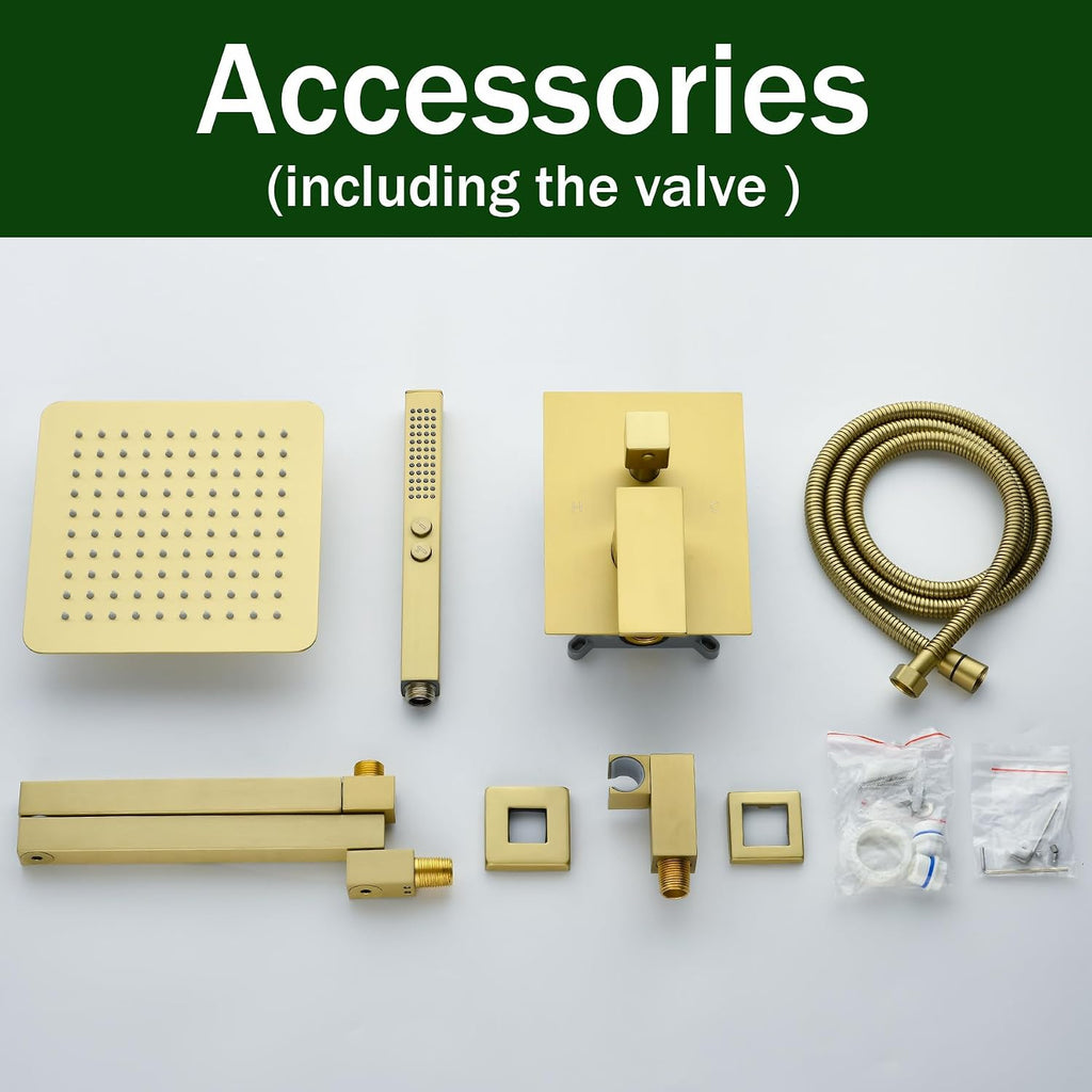 Brushed Gold Shower System with Rain Shower Heads with Handheld Spray Combo, Gold Shower Faucet Set with Rain Shower and Handheld, Gold Shower Head and Handle Set(Shower Valve Kit Included)