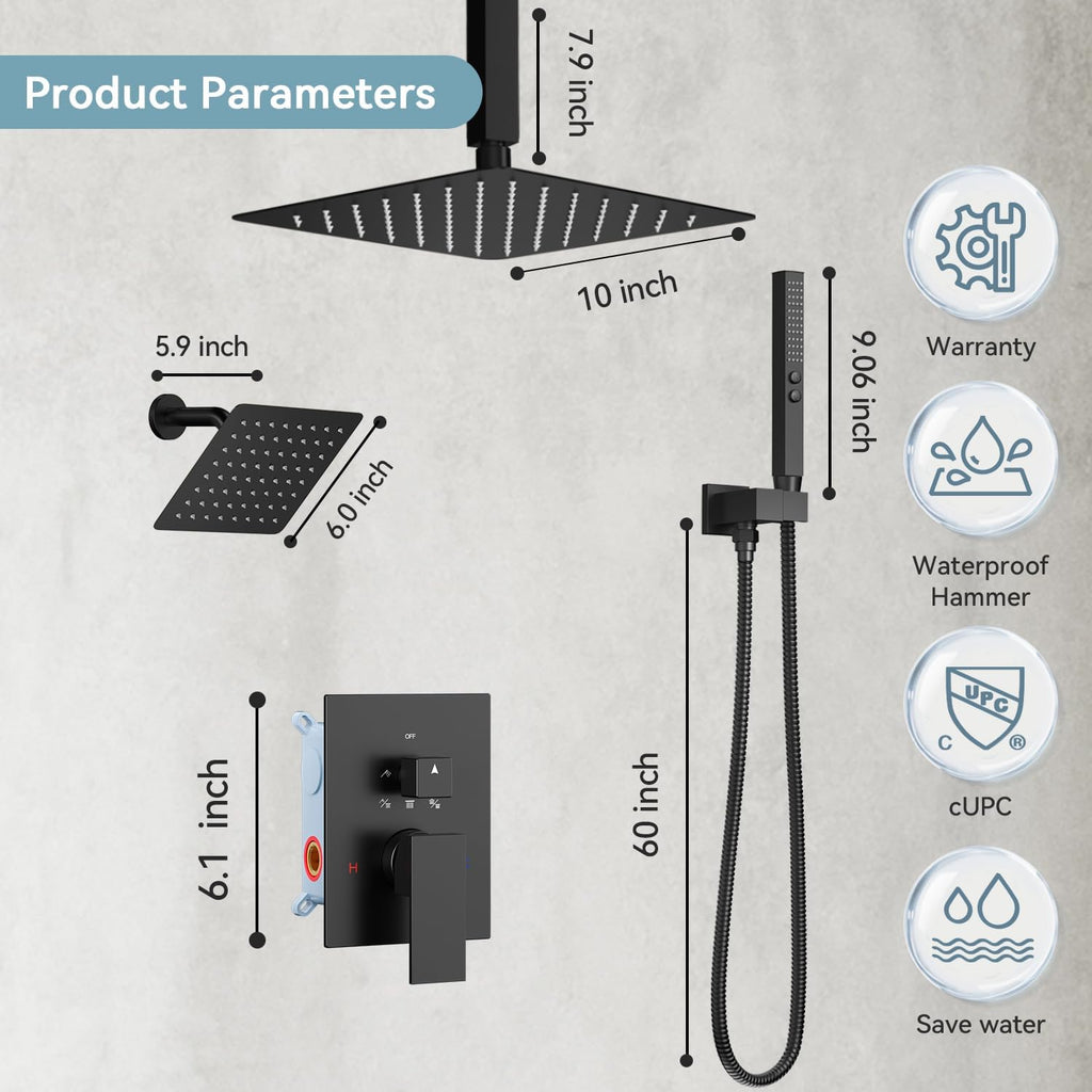 Shower Faucet Sets Matte Black Shower System,Bostingner Five Function Diverter Shower Faucets with 2 in 1 Handheld,10'' Ceiling Mount and 6'' Wall Mount Shower Head Rainfall Shower Set with Valve