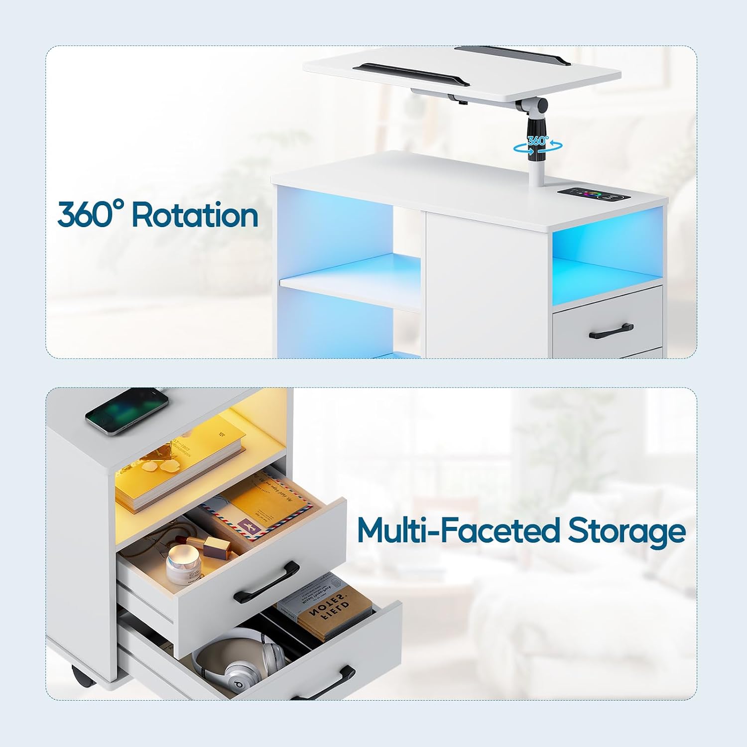 WOOVIVS Nightstand Set of 2 with USB Charging Station, Bedside Table with Storage Drawer, Rotatable Bracket, Modern Design (White)
