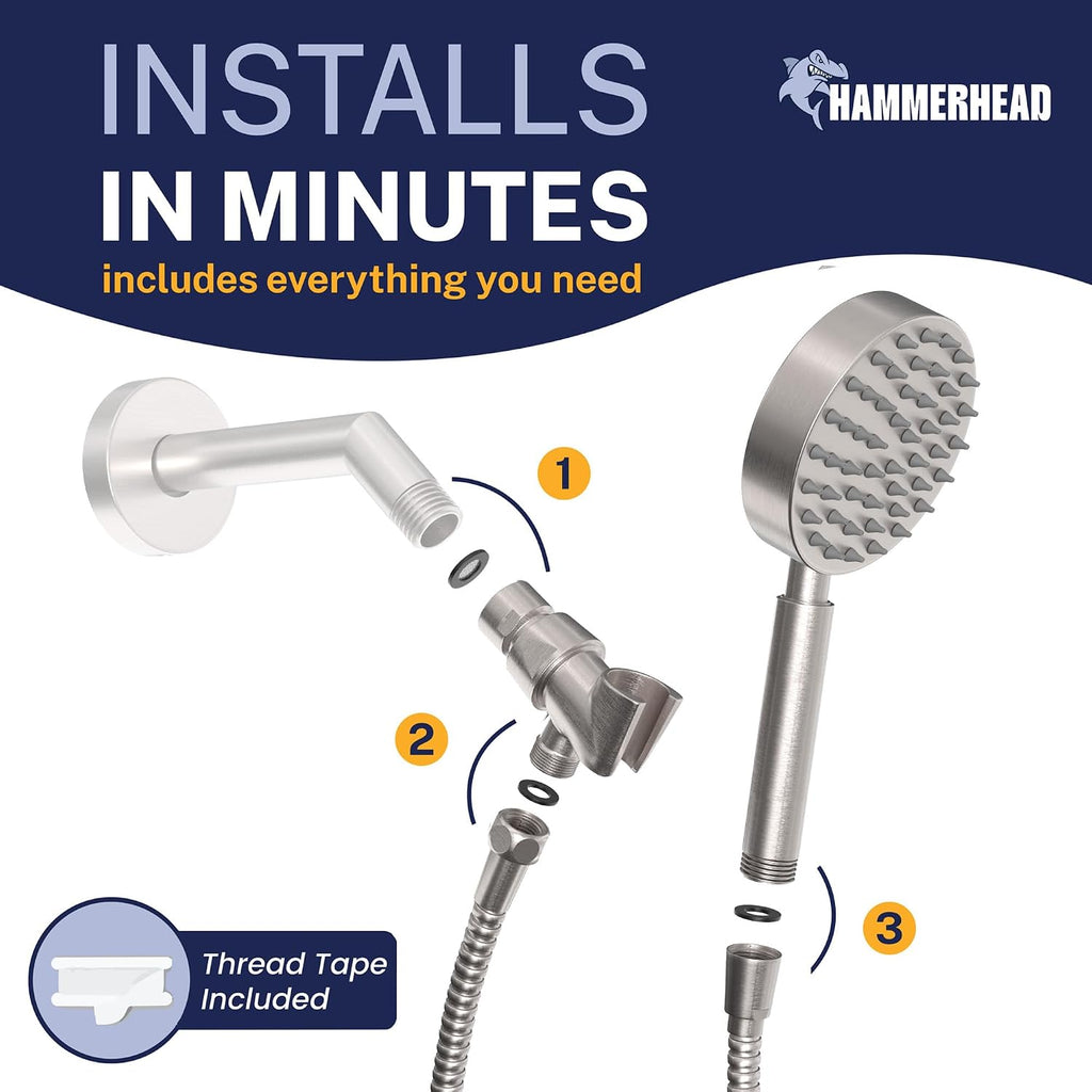 HammerHead Showers® Solid Metal LOW FLOW Handheld Shower Head with Hose and Brass Holder - BRUSHED NICKEL – Water Saving 1.75 GPM Detachable Shower Head - Adjustable Shower Wand Bracket & 6ft Hose