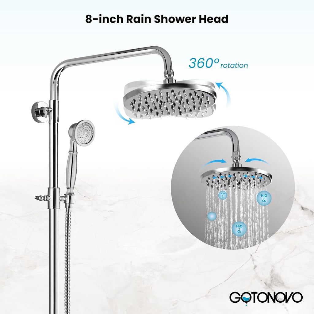 gotonovo Exposed Shower Faucet Set with Shower Shelf 8 inch Rainfall Shower Head with Handheld Sprayer Double Cross Handles Shower System Dual Functions Wall Mounted Polished Chrome