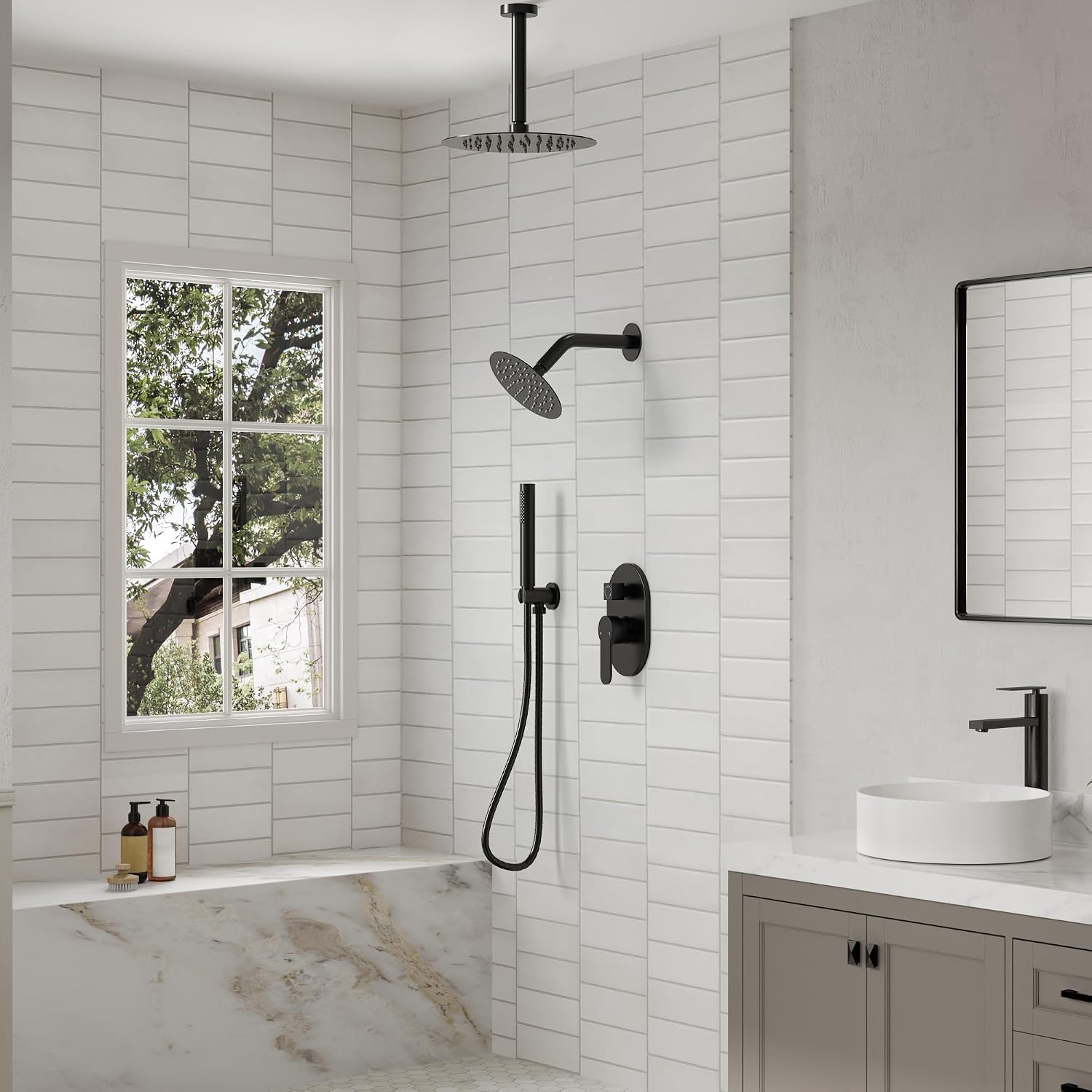 Ceiling Mount 10' High-Pressure Rainfall Shower Faucet, Dual Rainfall Shower Head System with Valve (Matte Black)