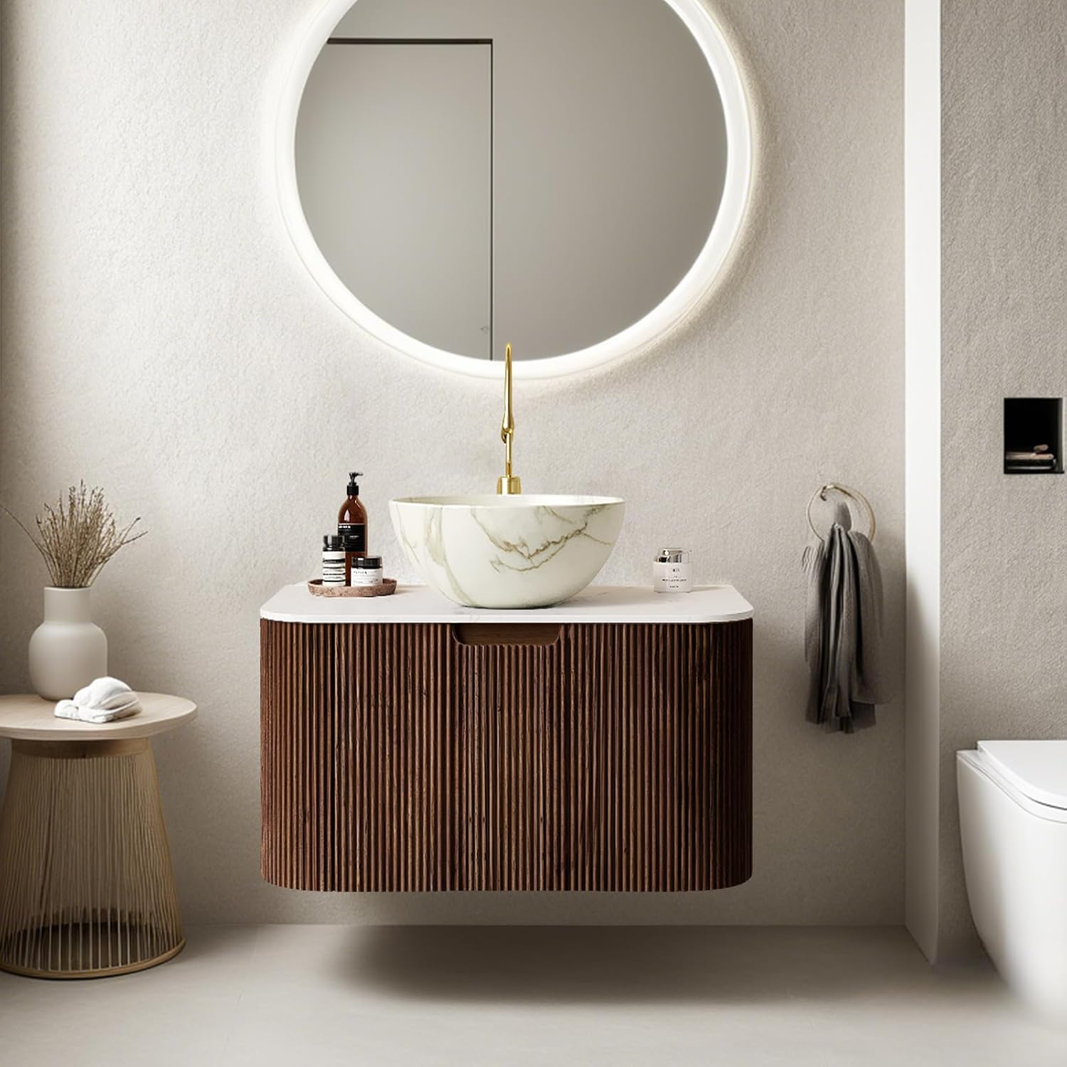 24' Floating Bathroom Vanity with Sink, Modern Bathroom Storage Cabinet with Ceramic Bowl Shape Basin and Marble Top, Large Storage Drawer, Soft-Close Design, Pre-Assembled, Dark Walnut