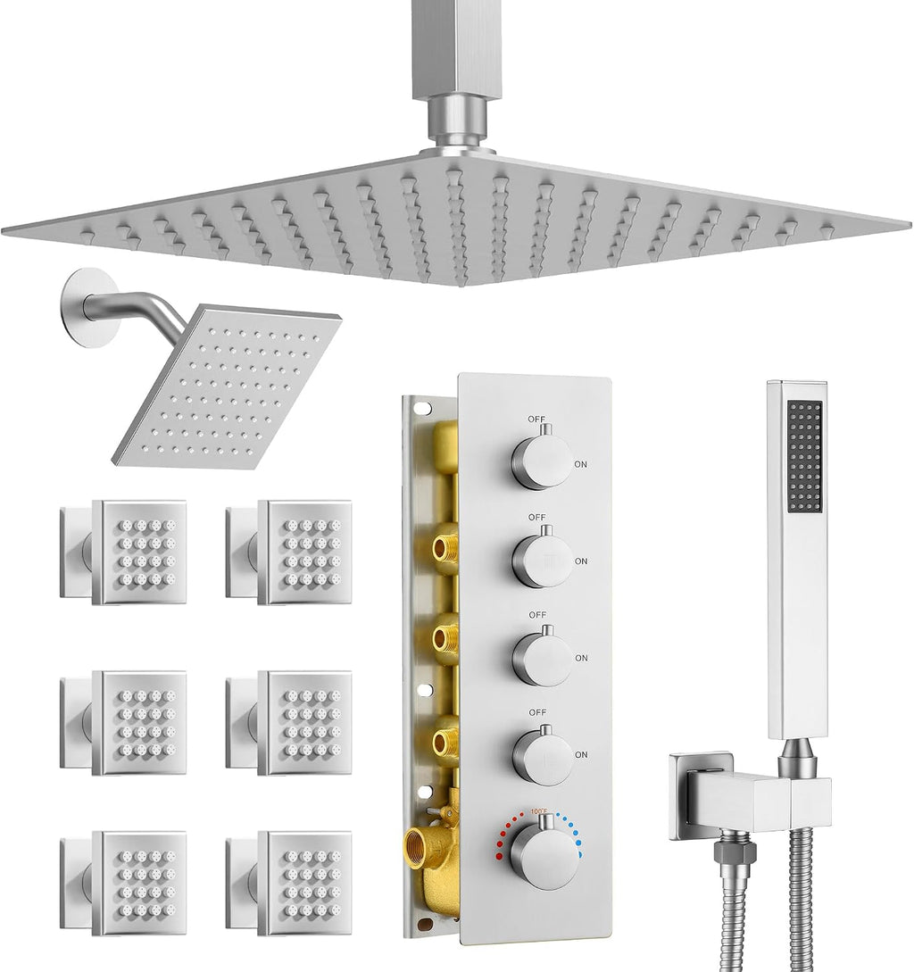 Dasan Thermostatic Dual Shower Head System with 6 Body Jets, 6-Inch Shower & 16' Rainfall Shower, Luxury Brushed Nickel Shower Faucet Set Tandem Rain Shower Head System for Couples/ 2-Person