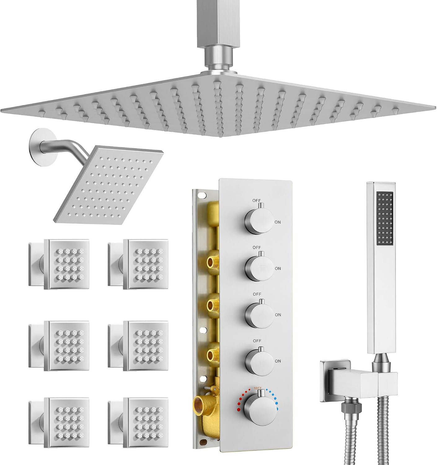 Dasan Thermostatic Dual Shower Head System with 6 Body Jets, 6-Inch Shower & 16' Rainfall Shower, Luxury Brushed Nickel Shower Faucet Set Tandem Rain Shower Head System for Couples/ 2-Person