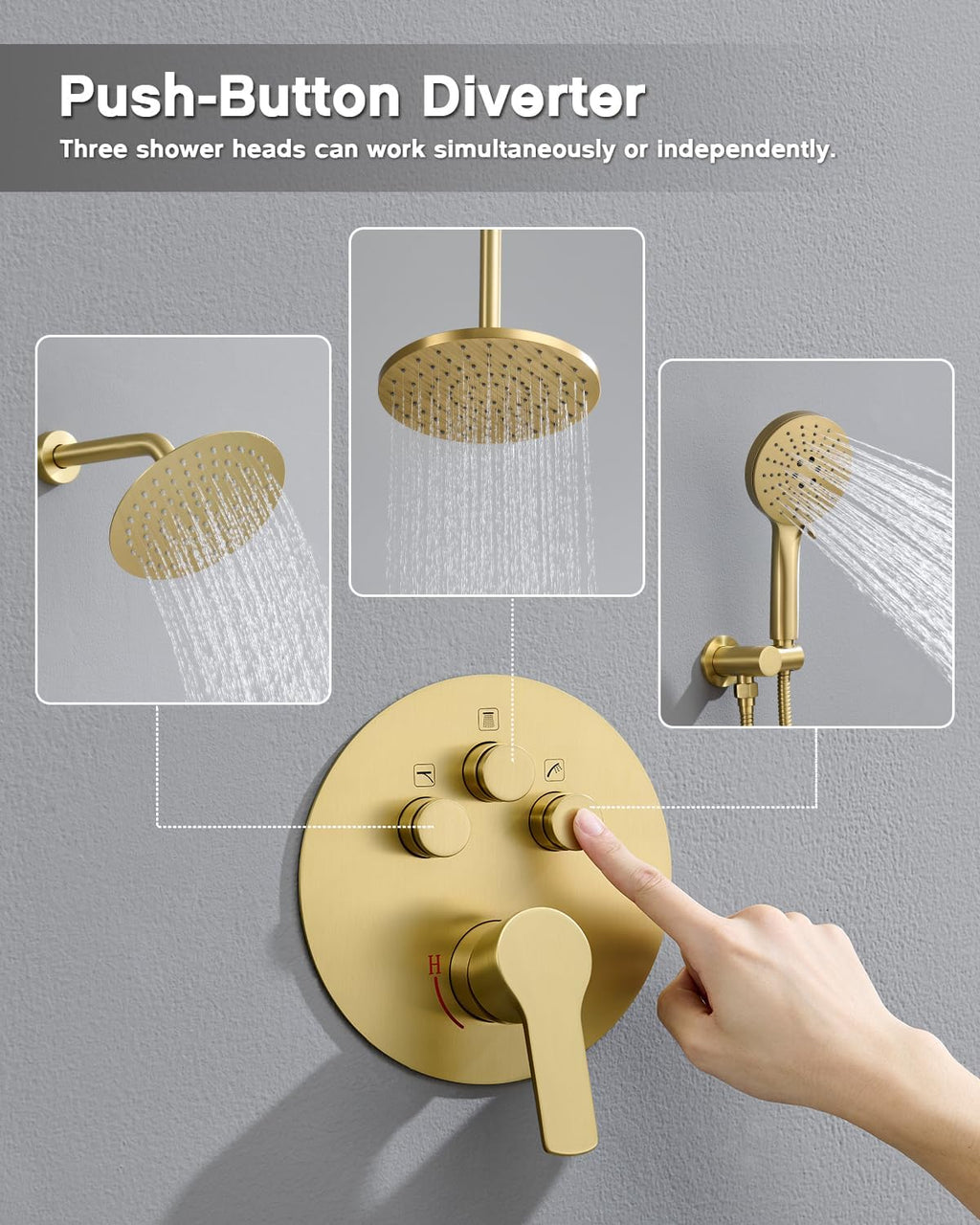 Iriber Shower System with Handheld Spray, Bathroom Round Dual Shower Heads Faucet Set with Push Button Diverter, Brushed Gold Shower Mixer Valve Trim Kit (Valve Included)