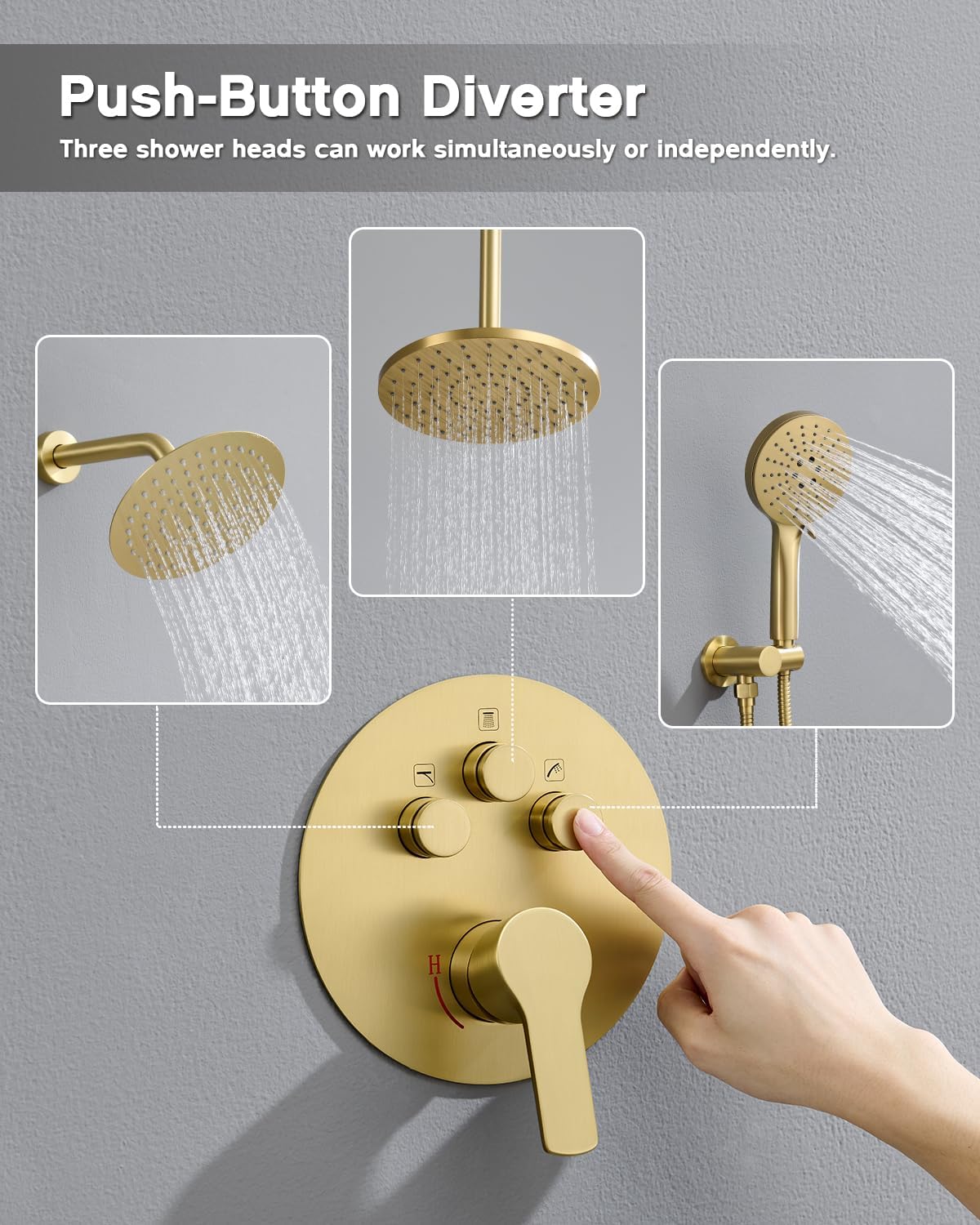 Iriber Shower System with Handheld Spray, Bathroom Round Dual Shower Heads Faucet Set with Push Button Diverter, Brushed Gold Shower Mixer Valve Trim Kit (Valve Included)