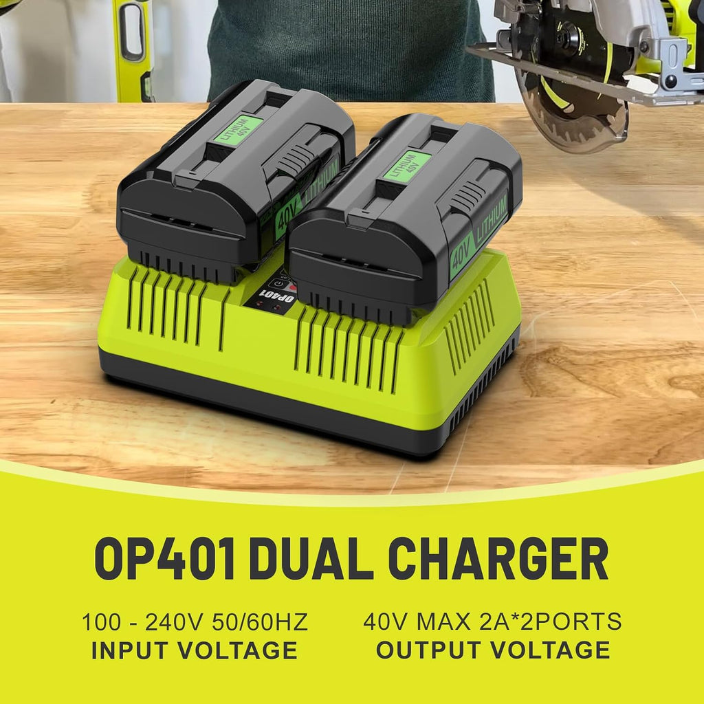 2 Packs 6.5Ah OP40601 Battery and OP401 Charger Replacement for Ryobi 40V Battery and Charger Combo