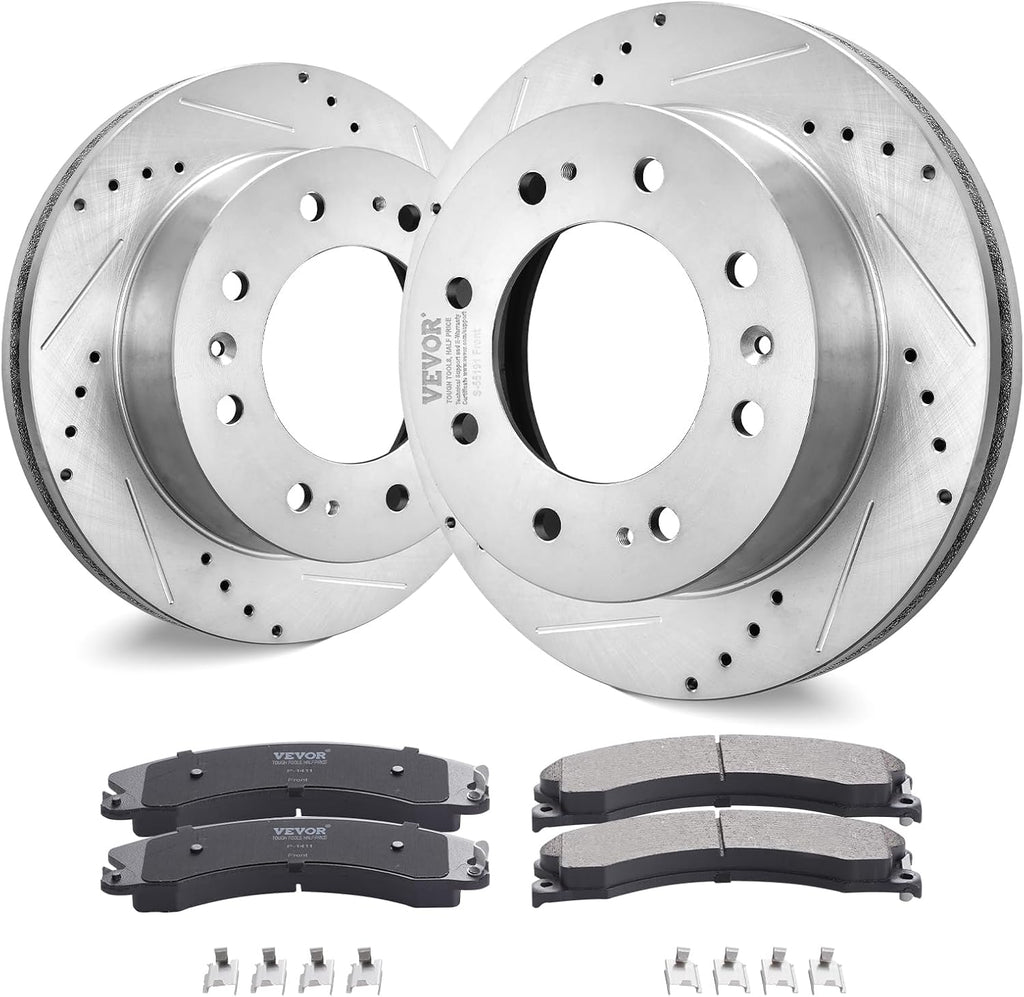VEVOR Front Brake Kit Compatible with 2011-2019 Chevy Silverado GMC Sierra 2500 3500 HD, Drilled and Slotted Brake Rotors Ceramic Brake Pads Replacement Kit, 14' Front Rotors