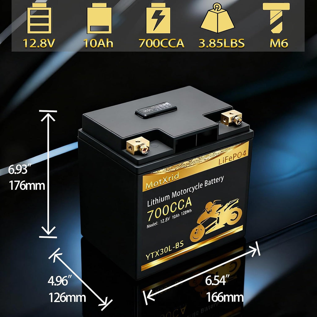 YTX30L-BS 700A Lithium LiFePO4 Powersport Start Motorcycle Battery, 12.8V 10AH, For UTV,ATV,Jet Ski, PWC,Scooter,Riding Lawn Mower,Tractor,Snowmobile,Quad,Intelligent BMS,Digital Readout