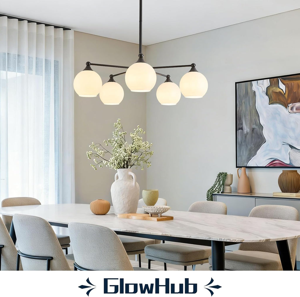 GlowHub Modern Black Chandelier with Milk White Glass Shades 30' Globe Pendant Light Fixture 5 Lights Mid Century Sputnik Chandelier for Dining Room Bedroom Entryway