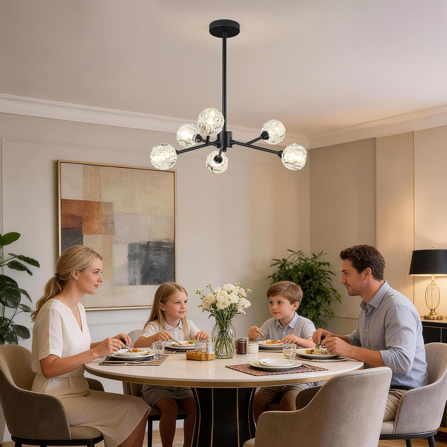 Weesalife Sputnik Chandeliers for Dining Room Light Fixture Over Table, Modern Crystal Chandeliers, 6 Lights Black Lighting Fixtures for Living Room Bedroom Kitchen Island