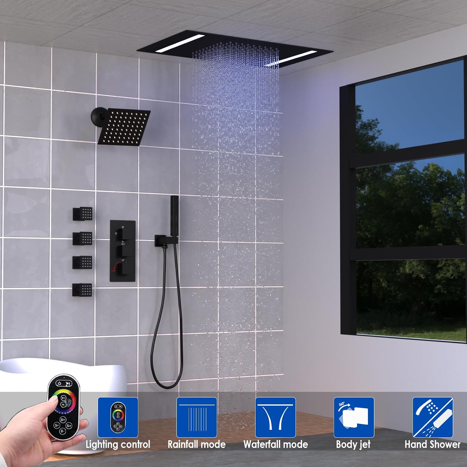 Dual Heads Thermostatic Shower Faucets Set Matte Black Shower System, 4-Way Shower Fixture 14X20' LED Rainfall Shower Head with 6' Wall Mount Showerhead and Dual-mode Handheld, 4 Jets with Shut-Off