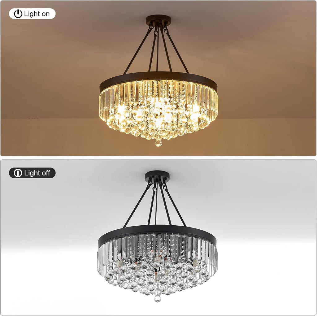 Black 9-Light Crystal Chandelier 22'' Modern Semi Flush Ceiling Crystal Hanging Light Fixture Sparkling Decoration for Entryway Bedroom Living Dining Room Kitchen Island Hallway Foyer