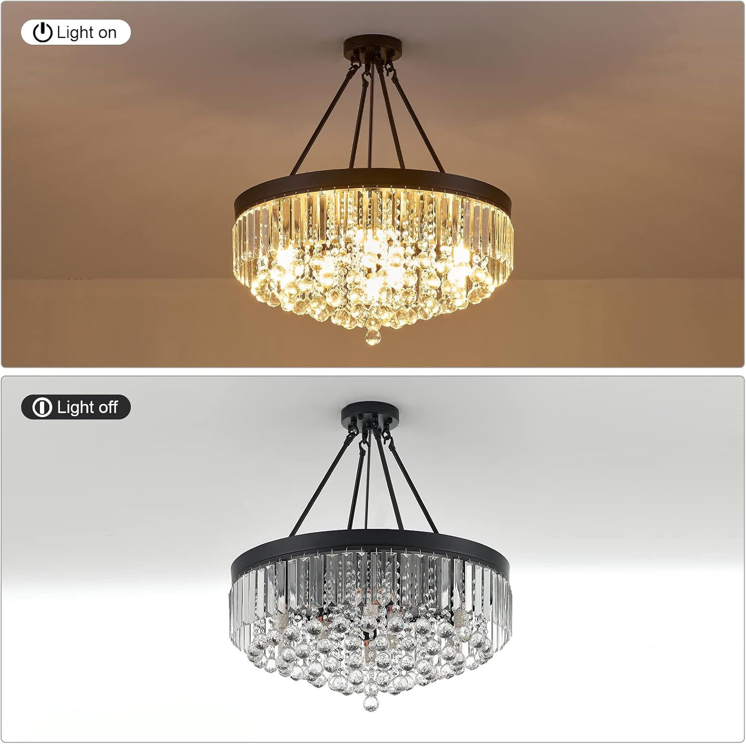 Black 9-Light Crystal Chandelier 22'' Modern Semi Flush Ceiling Crystal Hanging Light Fixture Sparkling Decoration for Entryway Bedroom Living Dining Room Kitchen Island Hallway Foyer